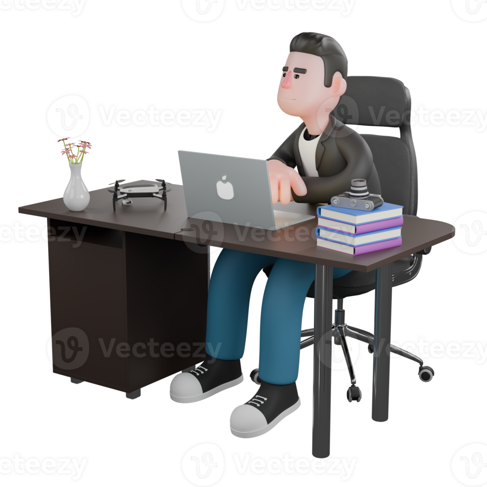 3D Creative Cartoon Cameraman Artwork Design Style Model. A Male Cameraman sits behind his desk with a note on the desk, listening with a serious expression . Illustration png