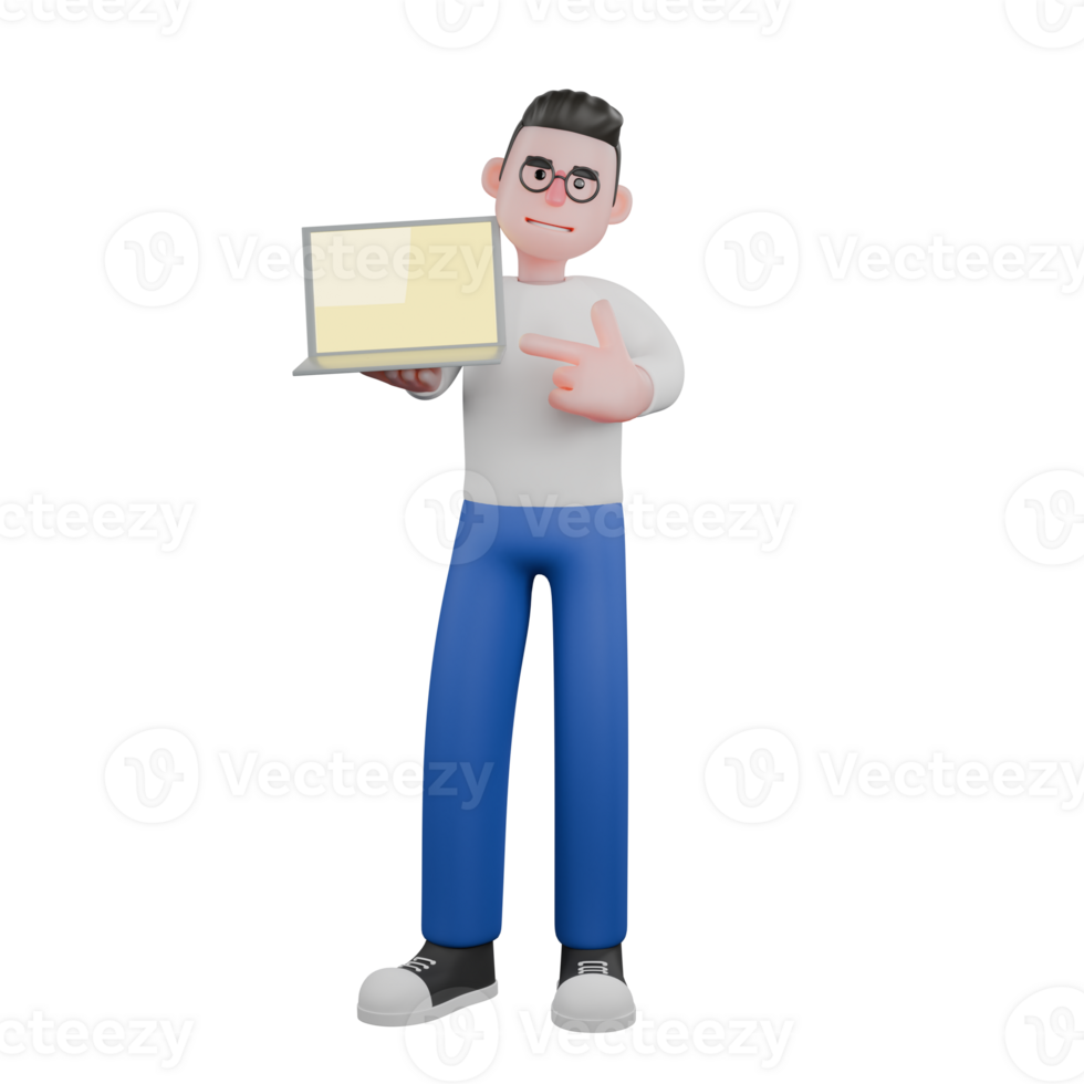 Editing Themed 3D Cartoon Character. A male editor stands with a laptop in his right hand, and his left hand points towards the laptop, as if promoting . Illustration Design png