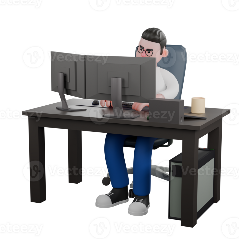 Editor 3D Cartoon Design. A male editor sits with two computers on a table while typing on the keyboard with both hands . Illustration Character png