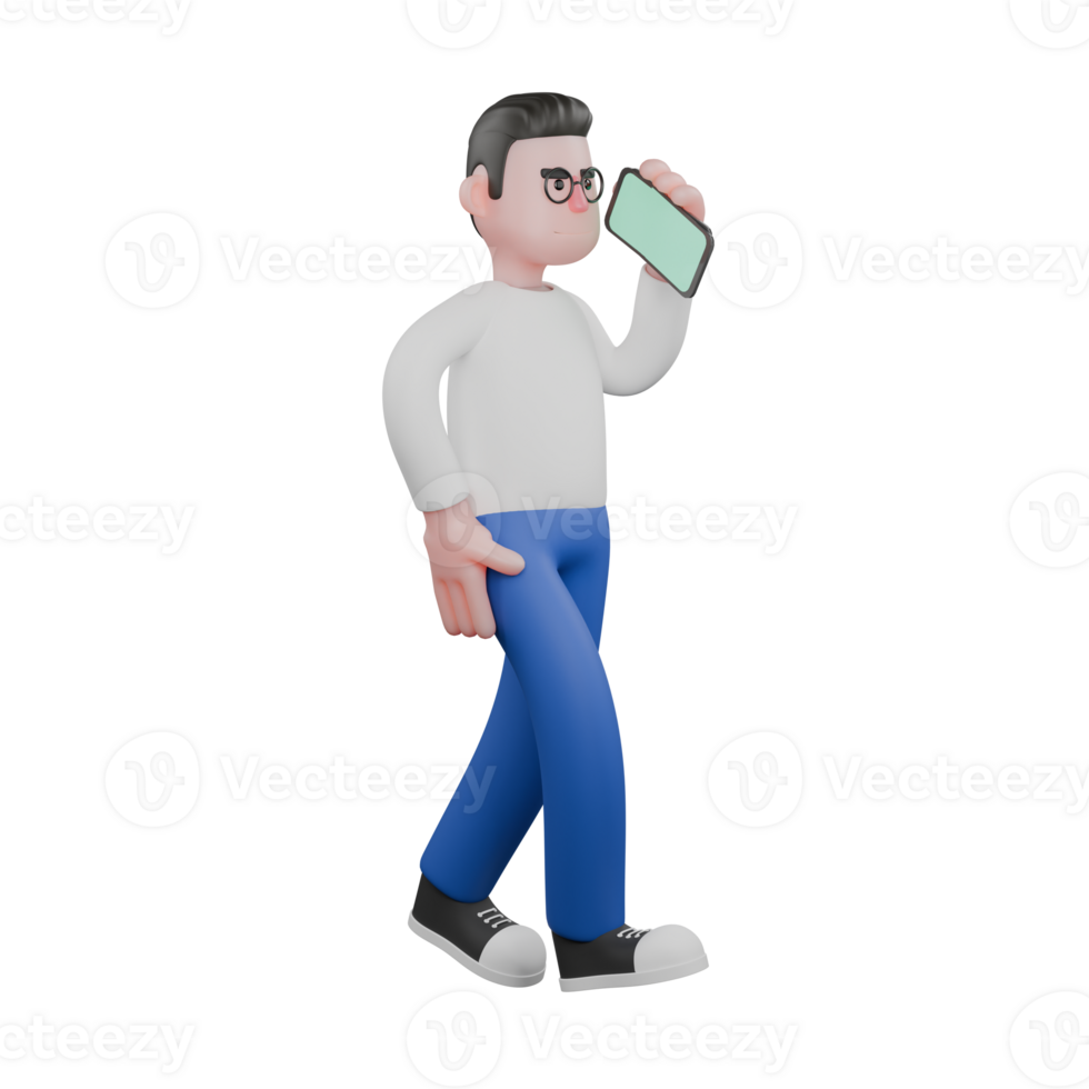 3D Cartoon Character for Editing Projects. A male editor walks holding a telephone in his left hand, as if answering a telephone call while talking. Illustration Design png