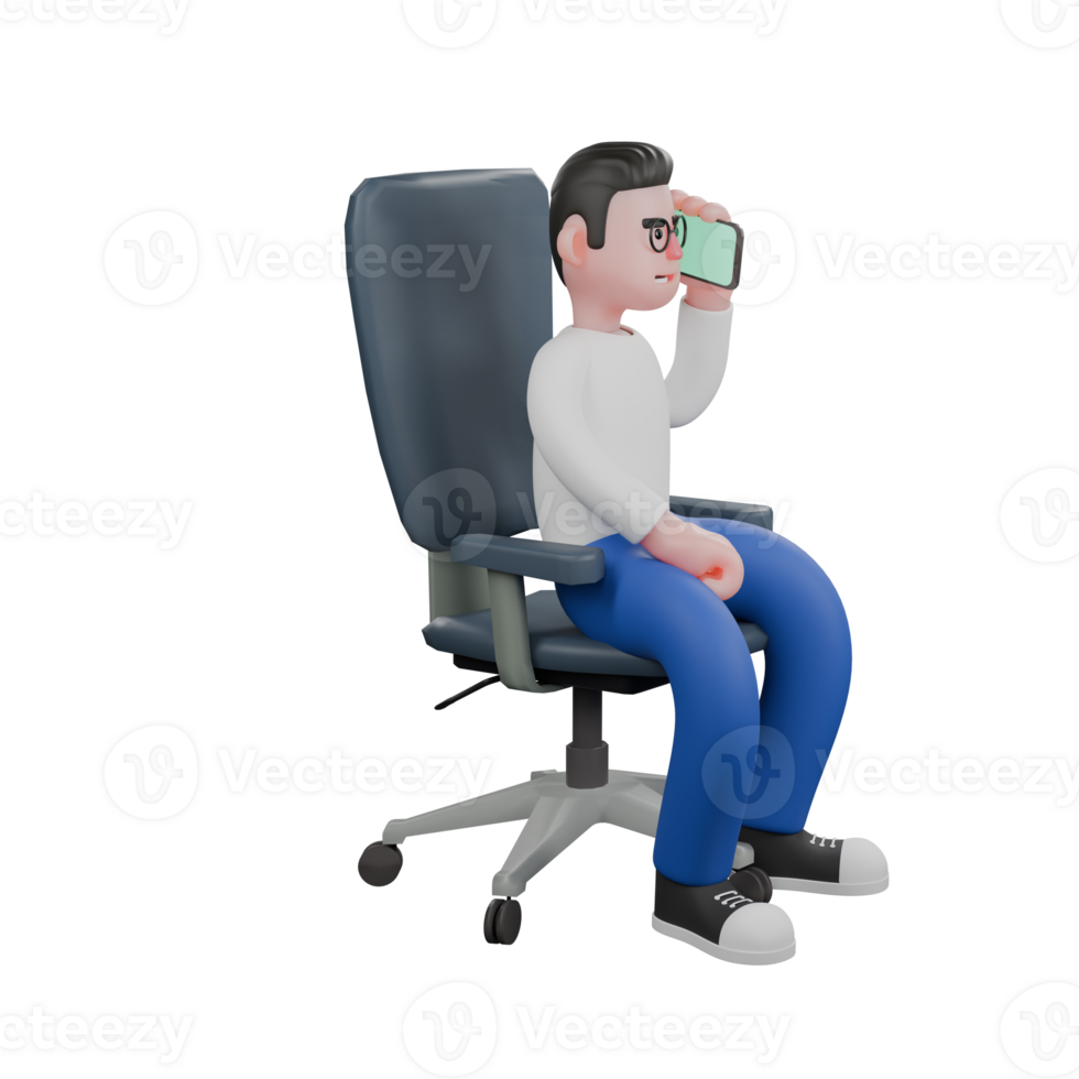 Creative 3D Cartoon Editor. A male editor sits on a chair holding a cellphone in his left hand while answering a phone call . Illustration Character png