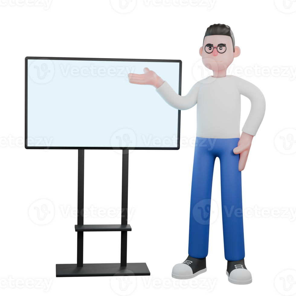 Creative Cartoon Editor 3D Character. A male editor stands next to a whiteboard with his right palm open, and his left hand is on his waist, as if he is explaining. Illustration Design png