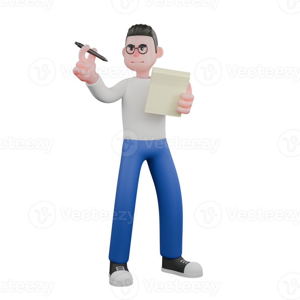 Cartoon Editor Character Design in 3D. A male editor stands holding paper and a pen in both hands, an expression of wanting to write. Illustration png