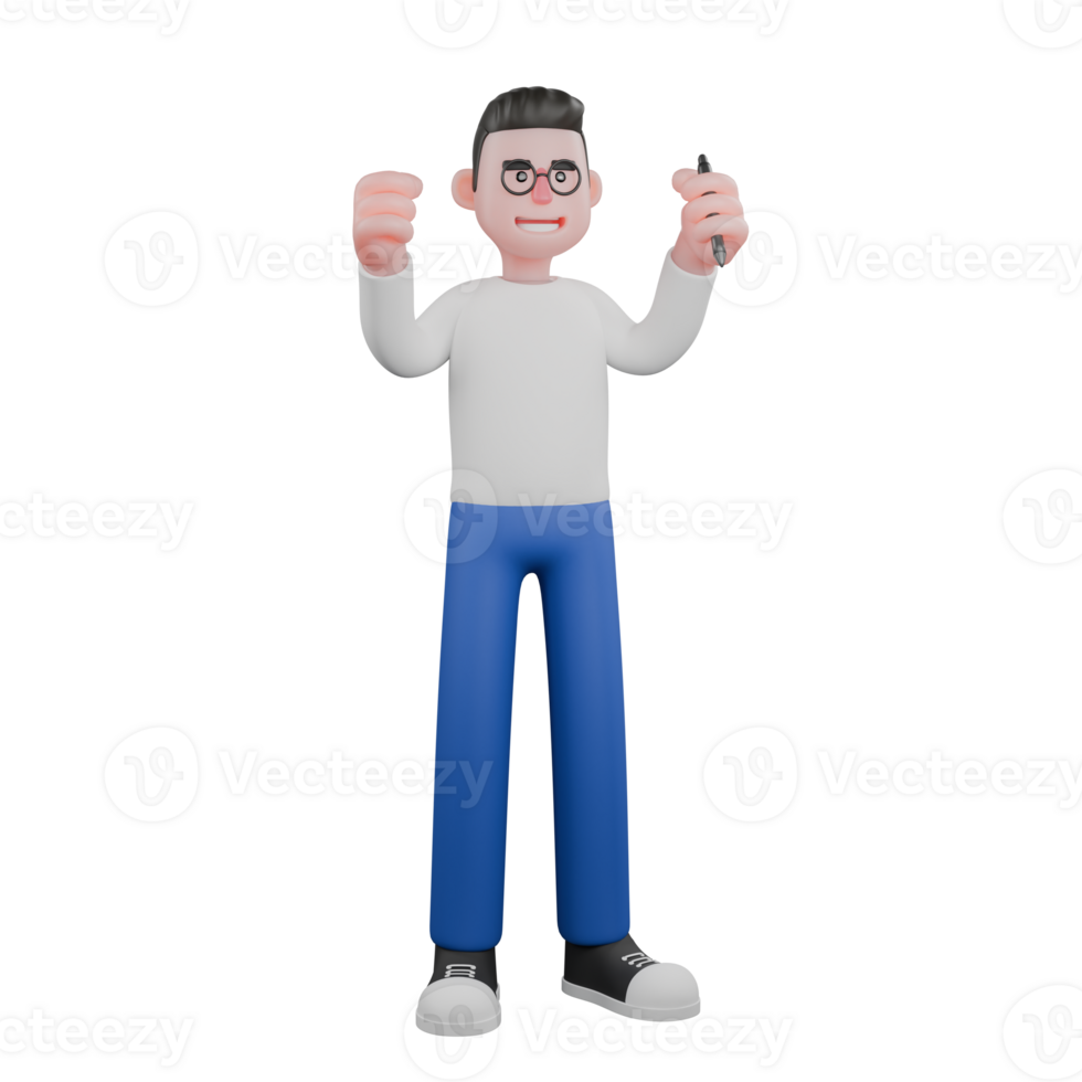 Cartoon Editor for Animation Projects. A male editor stands holding a pen in his left hand, and his right hand is clenched. Illustration 3D Design png