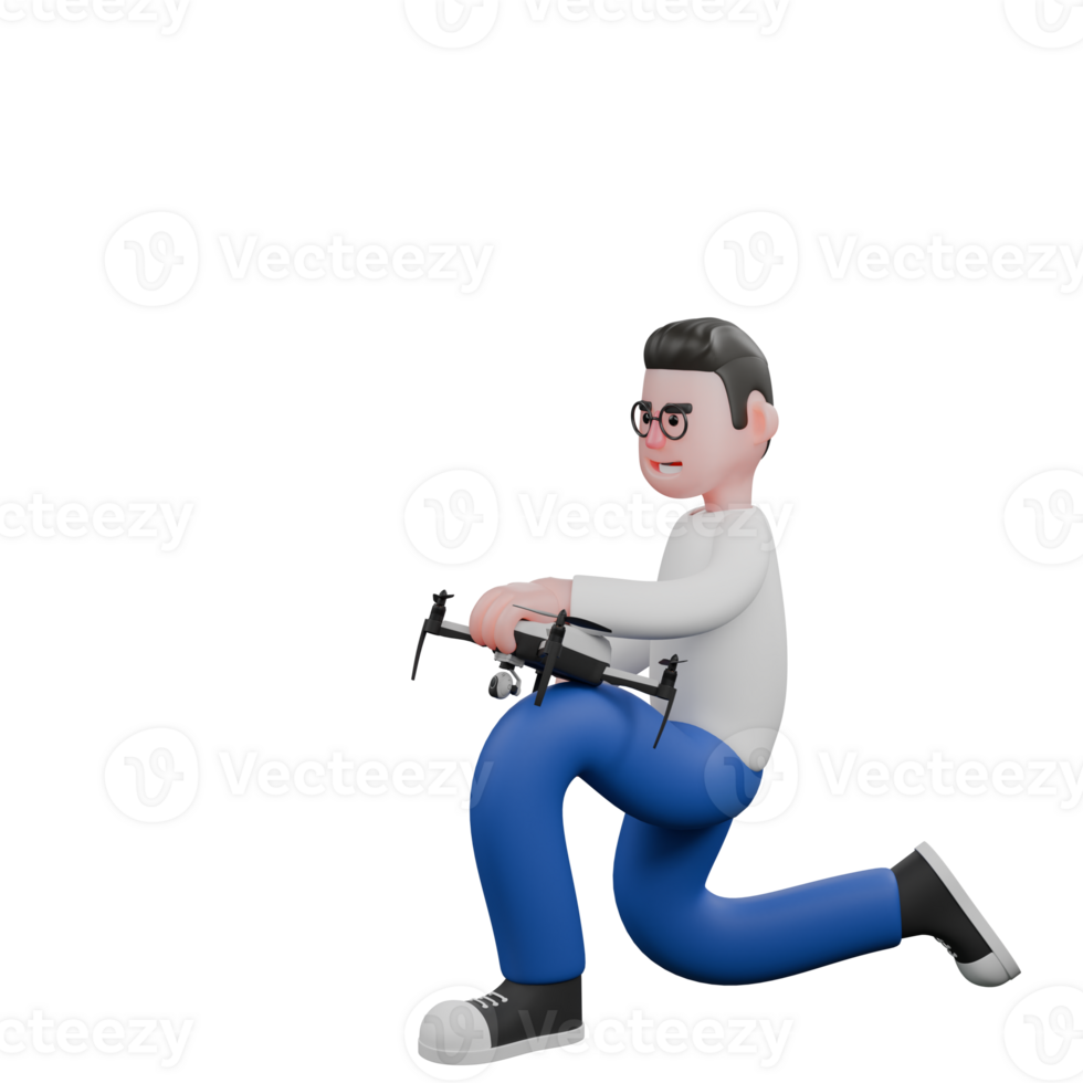 Creative Editor 3D Cartoon Character Design. A male editor squats holding a drone in both hands, as if he wants to fly it. Illustration png