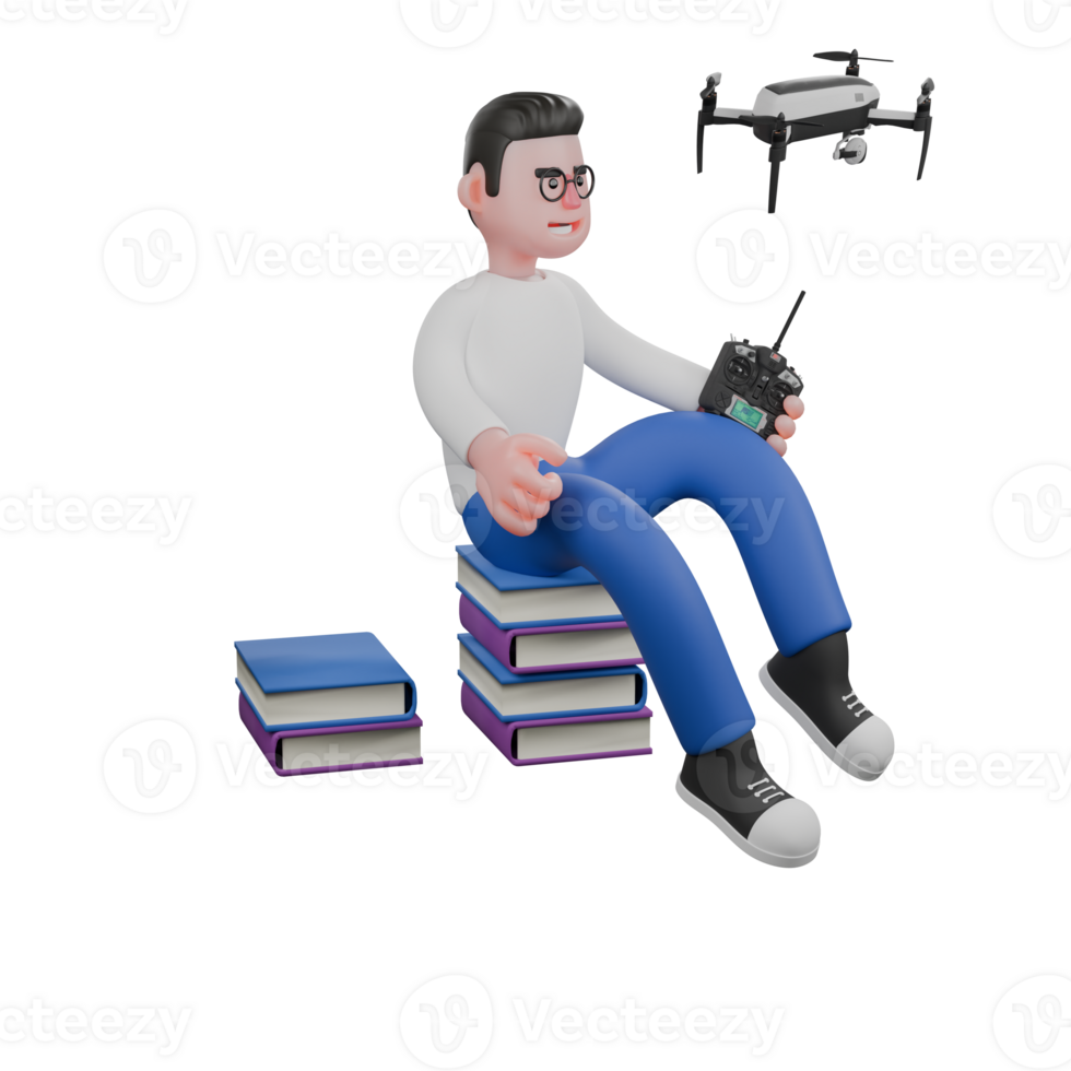 Cartoon Editor 3D Model for Projects. A male editor sits on a pile of books while holding a remote in his left hand and there is a drone in front of him, as if he is controlling it. png