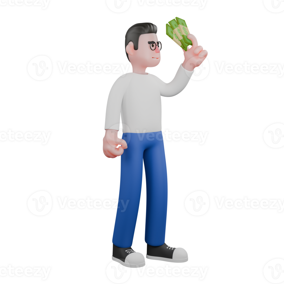 Professional 3D Cartoon Editor for Projects. A male editor stands holding several bills in his left hand. Illustration png
