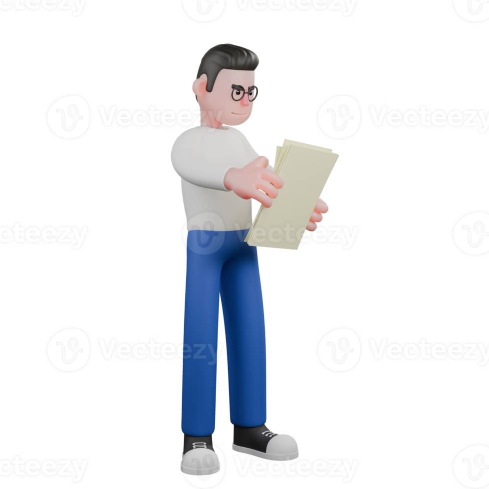 Cartoon Style Editor 3D Model. A male editor stands holding several sheets of paper in both hands while looking at them, an expression of checking. Illustration Character png