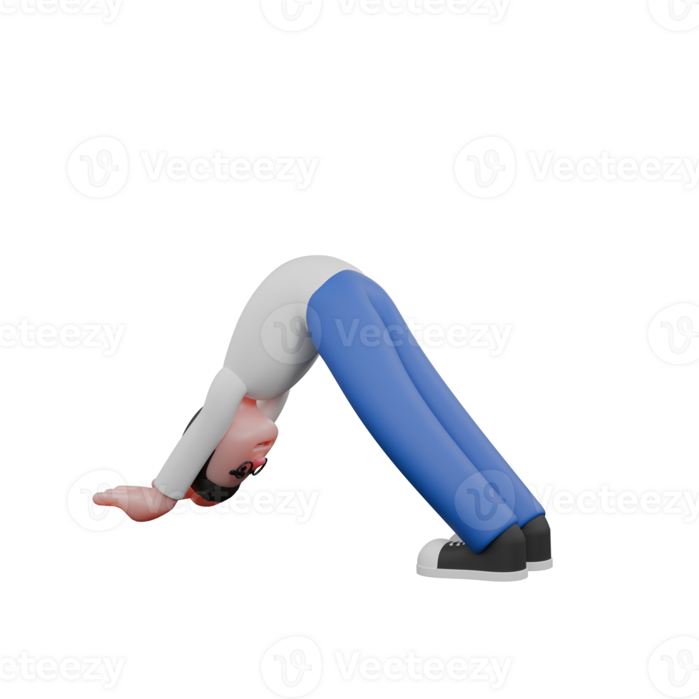 Creative 3D Cartoon Editing Illustration. A male editor's hands and feet touch the floor, the body forms a triangle with the hips as the apex. Character Design png