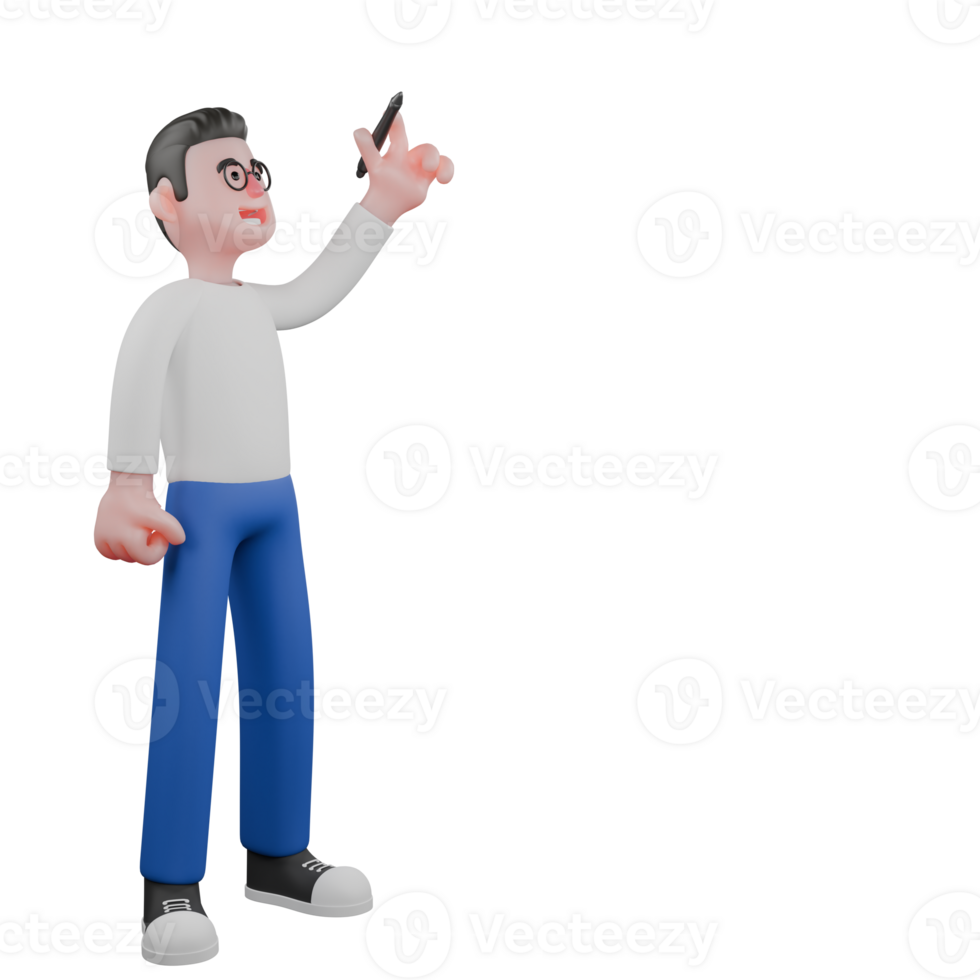 tekenfilm editor karakter voor animatie. een mannetje editor staat met zijn Rechtsaf hand- gebald, en looks omhoog terwijl Holding een pen in zijn links hand, net zo als net zo als schrijven Aan de bord. 3d model- ontwerp png