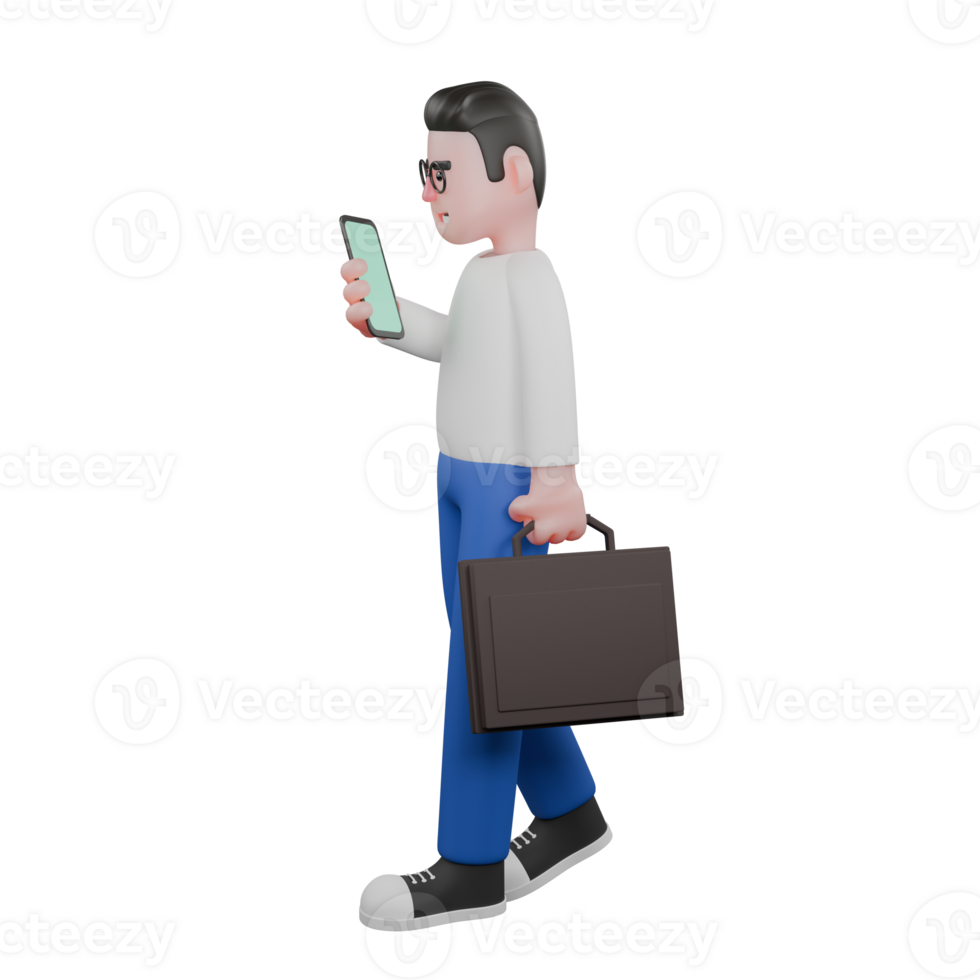 Cartoon Illustration of Editor 3D Model. A male editor walks with his left hand holding a briefcase and his right hand holding a cellphone. Professional Design png