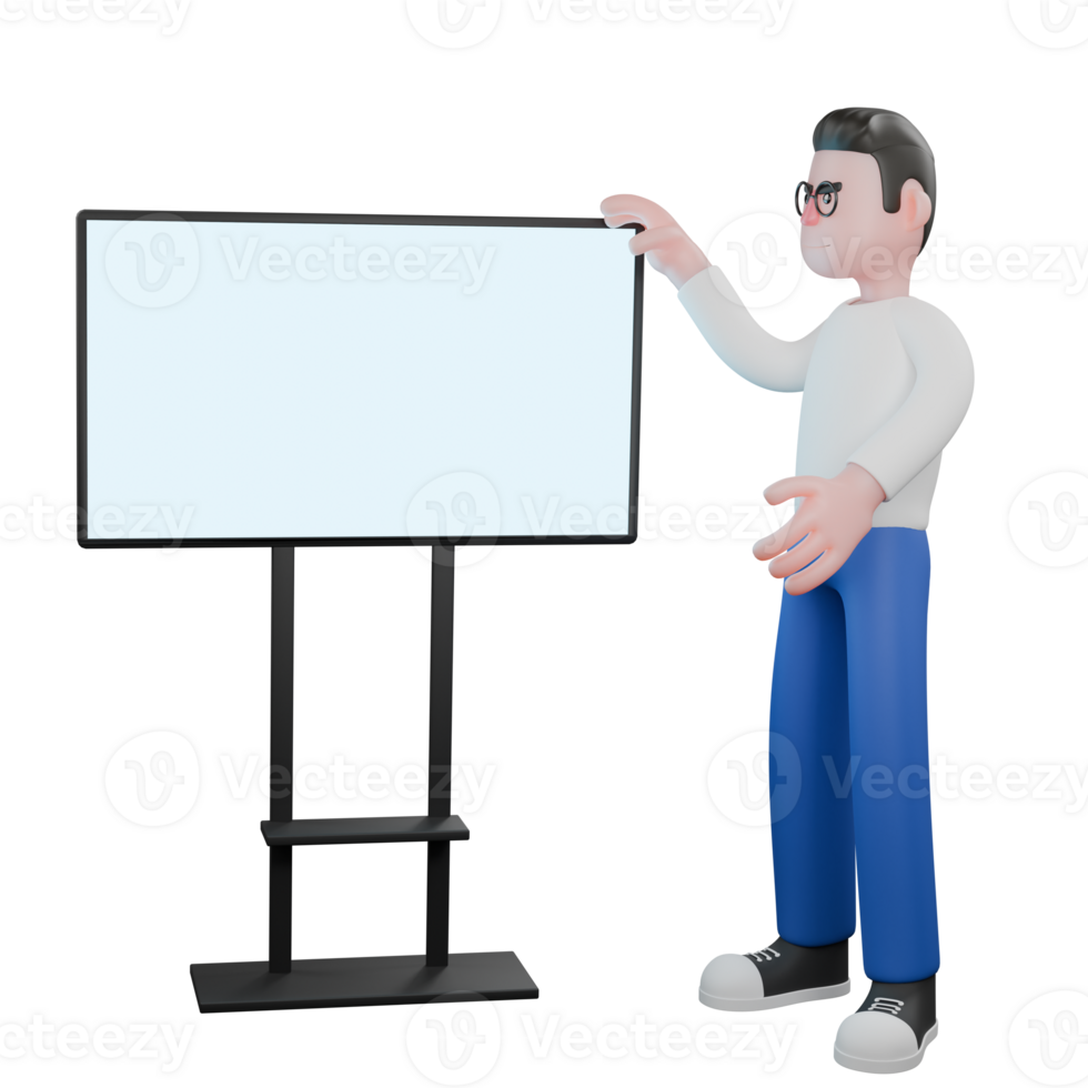 Creative Editor Cartoon 3D Character. A male editor stands next to a television screen, while touching it with his right hand, and his left hand is open, as if he is explaining. Illustration Design png