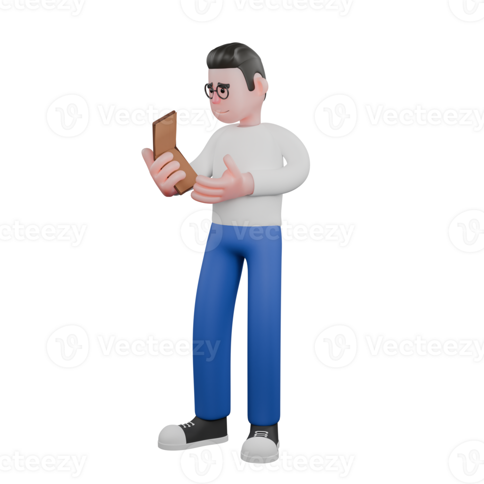 Creative 3D Cartoon Editor Professional Design. A male editor stands with his right hand holding an open wallet, a look of sadness. Illustration Character png