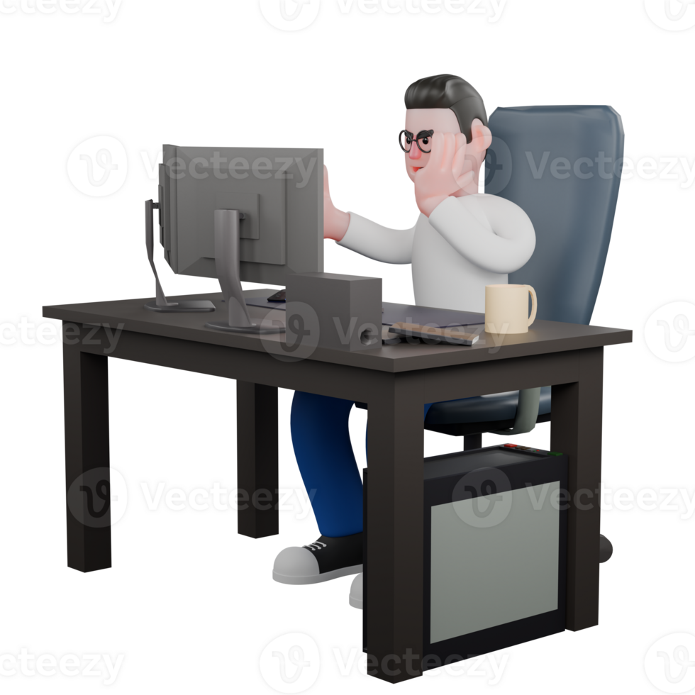 Cartoon Character 3D Model Editor Design. A male editor sits on a computer on a table, his left hand on his cheek, a look of focus. Professional Illustration png