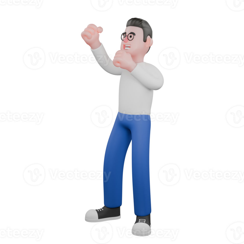 Editor in Cartoon Style 3D Model Illustration. A male editor stands facing right with both hands raised and clenched, looking up . Design Character png