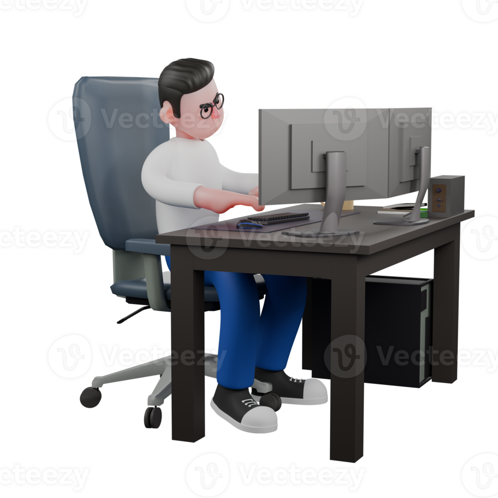 editor desenho animado personagem para projetos. uma masculino editor senta às uma computador em uma escrivaninha com ambos mãos digitando em a teclado, uma focado expressão. 3d ilustração Projeto png
