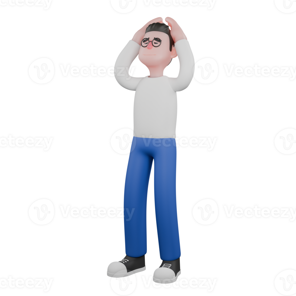 Cartoon Illustration Design of Editor 3D Character. A Male Editor stands with both hands on his head, eyes closed, a frustrated expression . Professional Model png