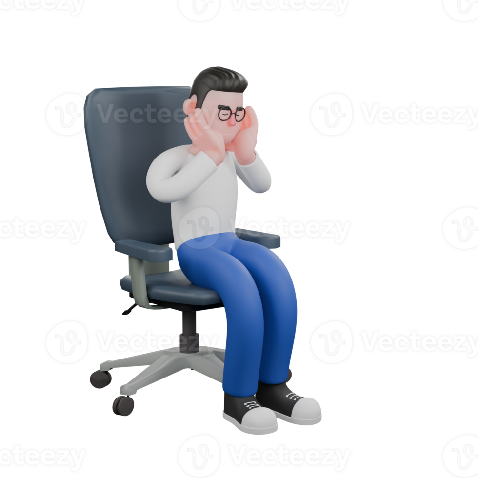 Editor Cartoon Character for Projects. A Male Editor of a man sitting on a chair with both hands on his cheeks, sad expression. 3D Illustration Design png