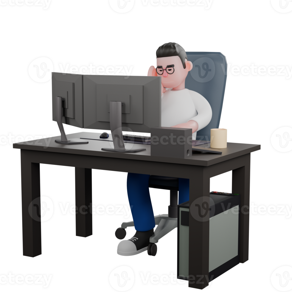 Cartoon Character 3D Model Editor Design. A Male Editor sits on a chair with two computers in front of him with one hand on his cheek, a tired expression. Professional Illustration png