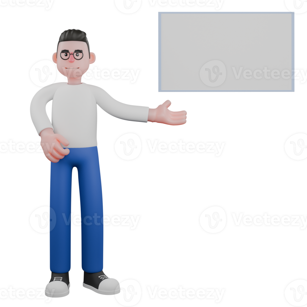Editor Cartoon Character for Projects. A Male Editor stands in front of a whiteboard with one hand pointing towards the board, a smiling expression. 3D Illustration Design png