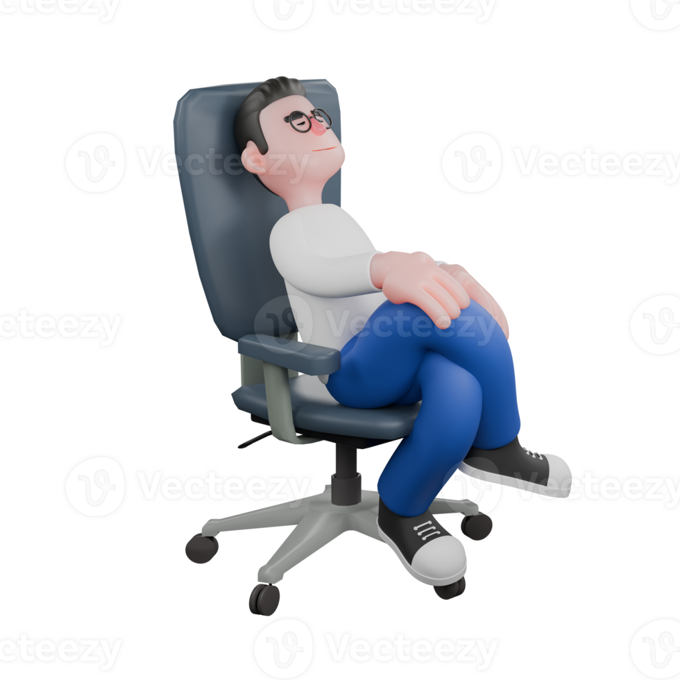 Editor in Cartoon Style 3D Model Illustration. A Male Editor sits on a chair with his right leg on his left leg, both hands on his knees, a calm expression . Design Character png