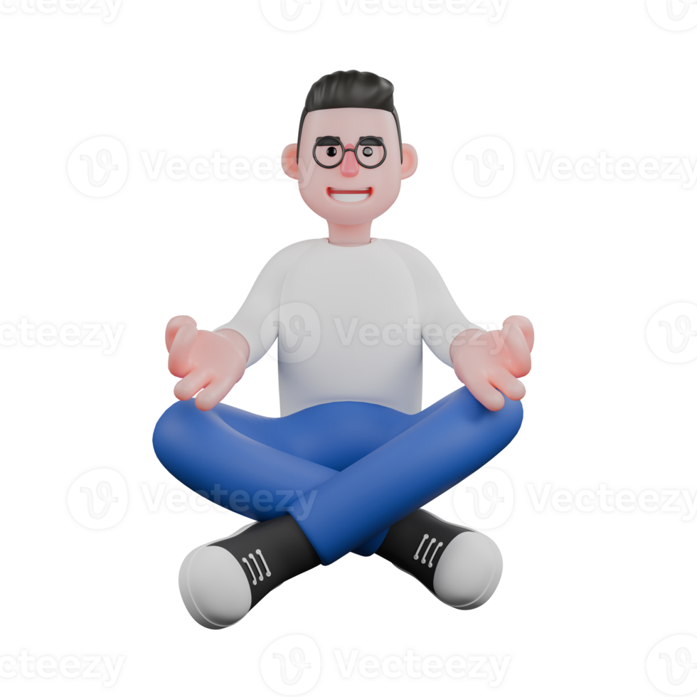 Editor Cartoon Character for Projects. A Male Editor sitting on floor with legs crossed, hands on knees, gentle smile on face. 3D Illustration Design png