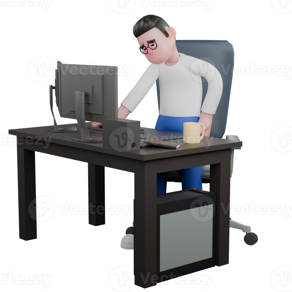 Professional Editing 3D Cartoon Model. A Male Editor stands behind a work desk with one hand on his hip, a tired expression. Illustration Design png