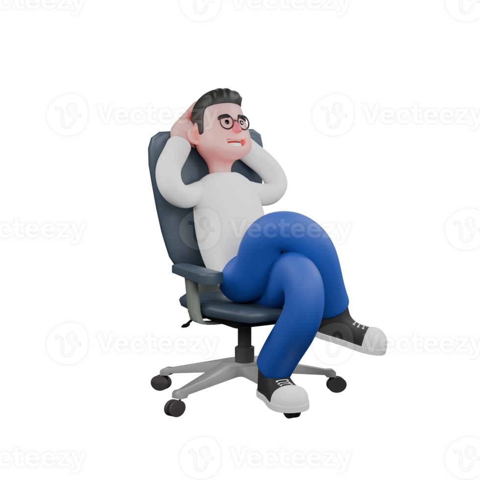 Cartoon Character 3D Model Editor Design. A male editor sits on a chair with his understanding leg above his left leg, both hands behind his head, relaxed expression. Professional Illustration png