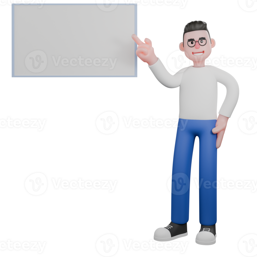 Editor Cartoon Character for Projects. A male editor stands next to a whiteboard with his left hand on his hip and his hand pointing towards the board, explaining expression. 3D Illustration Design png