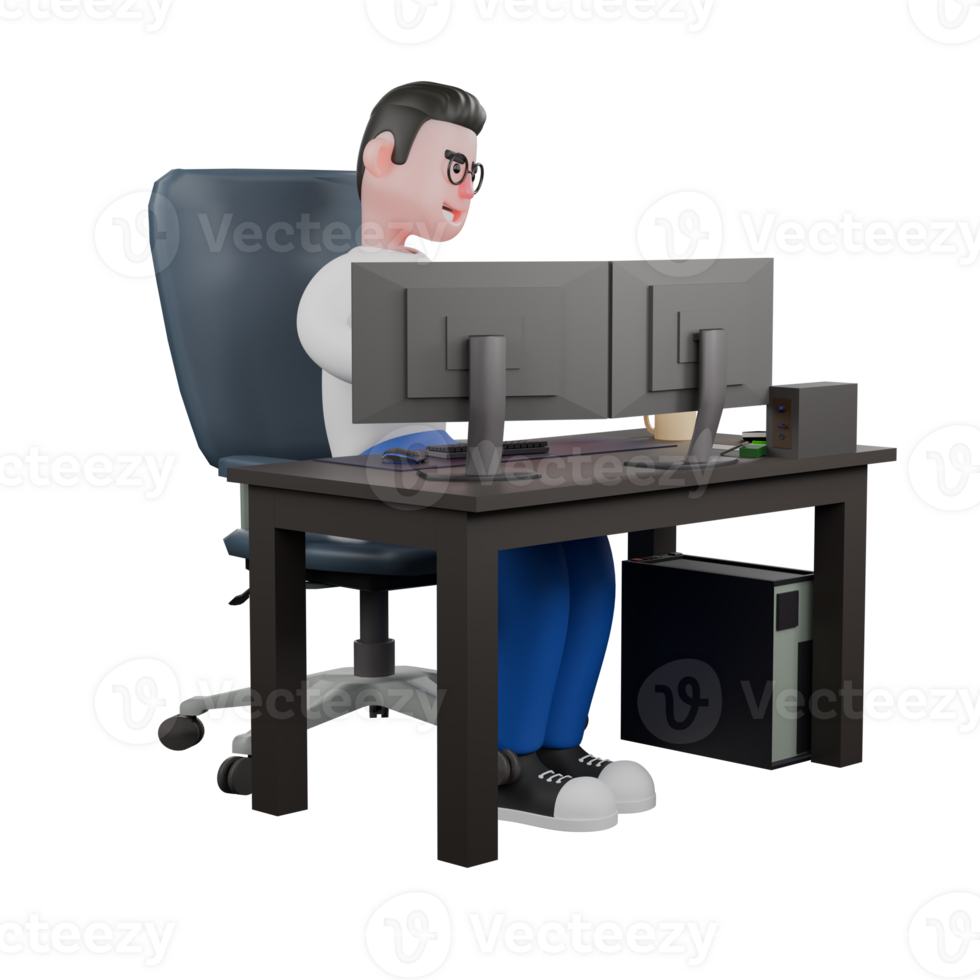 Cartoon Character 3D Model Editor Design. A Male Editor sitting on chair with two computers on desk, hands on keyboard, focused expression. Professional Illustration png