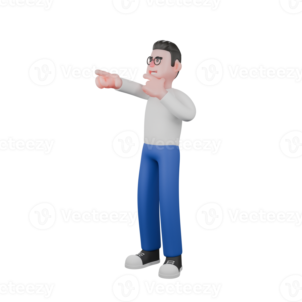 Editor in Cartoon Style 3D Model Illustration. A male editor stands with one hand holding his chin while the other hand points forward. Design Character png