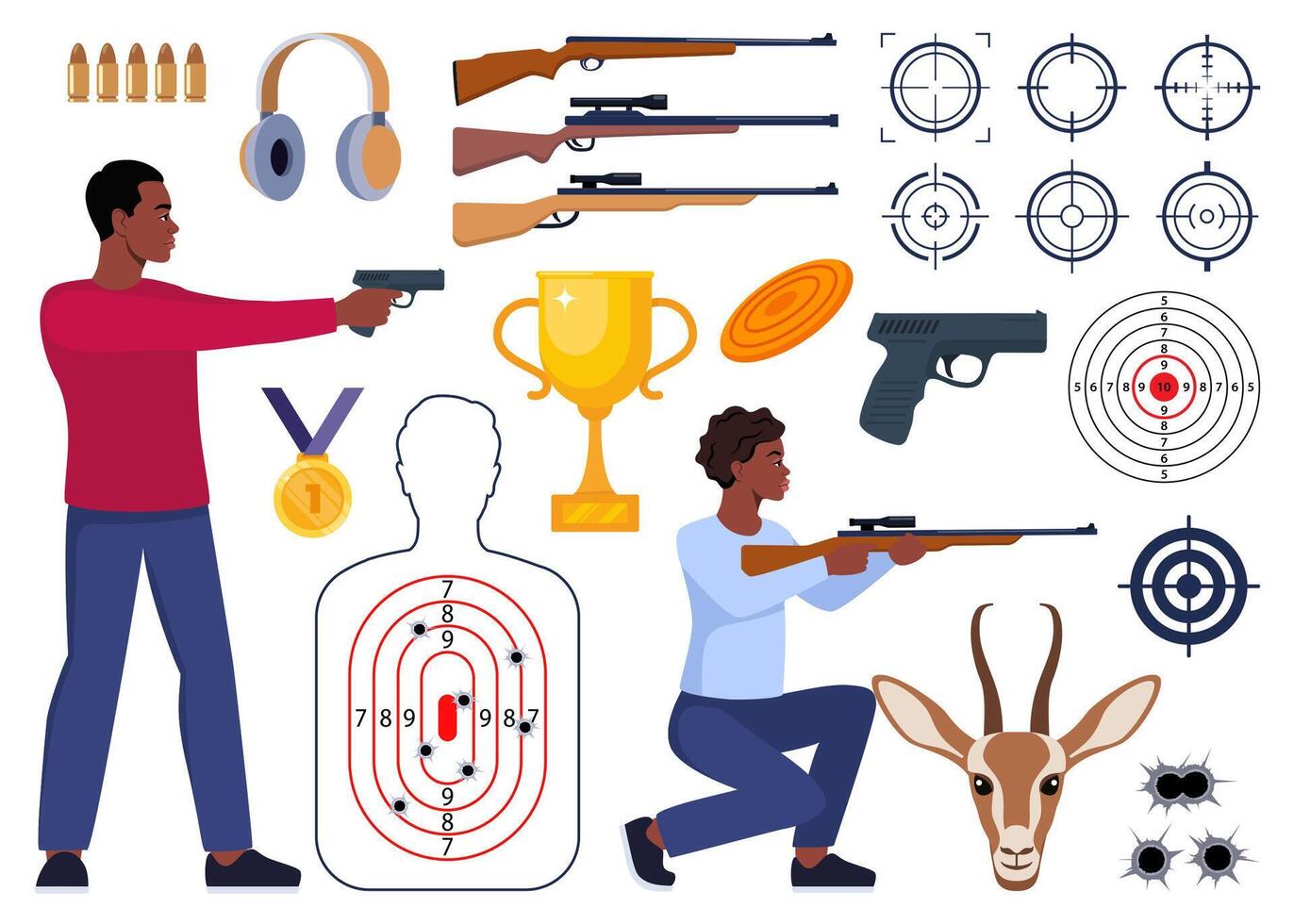 Shooting and hunting equipment elements. Shooting Skeet. Shooting club and range weapons and accessories. Shooter, rifle, bullet, headphones, gold cup, medal. Human, animal shoot target. . vector
