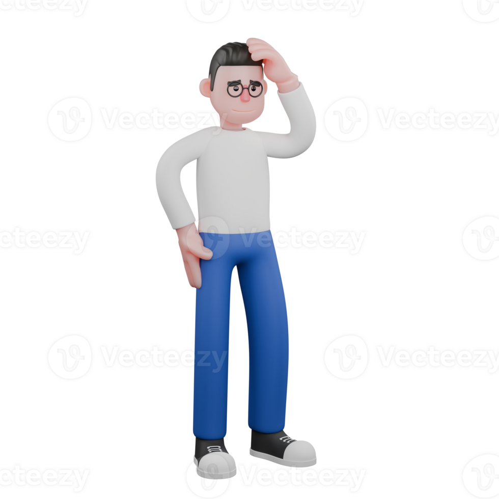 Editor Cartoon Character for Projects. A male editor stands with one hand on his waist while the other hand is on his head, showing a deep thinking expression. 3D Illustration Design png