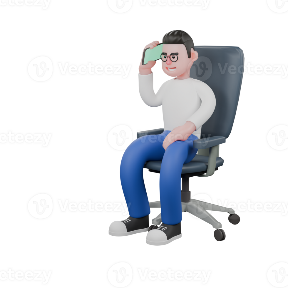 Editor Cartoon Character for Projects. A Male ditor sits on a chair with a mobile phone next to his ear, speaking with a serious expression . 3D Illustration Design png