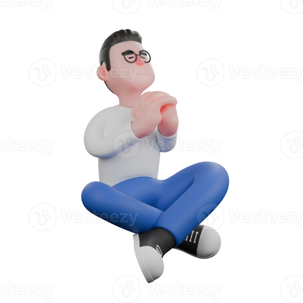 Editor Cartoon Character for Projects. A Male Editor sitting on floor with hands clasped in front of chest, eyes closed, peaceful expression. 3D Illustration Design png