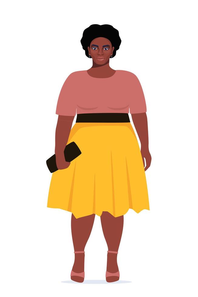 Body positive black woman. Plus size female character. Attractive curvy, overweight girl. Oversize obesity, pretty large lady in beautiful fashionable clothes. illustration. vector