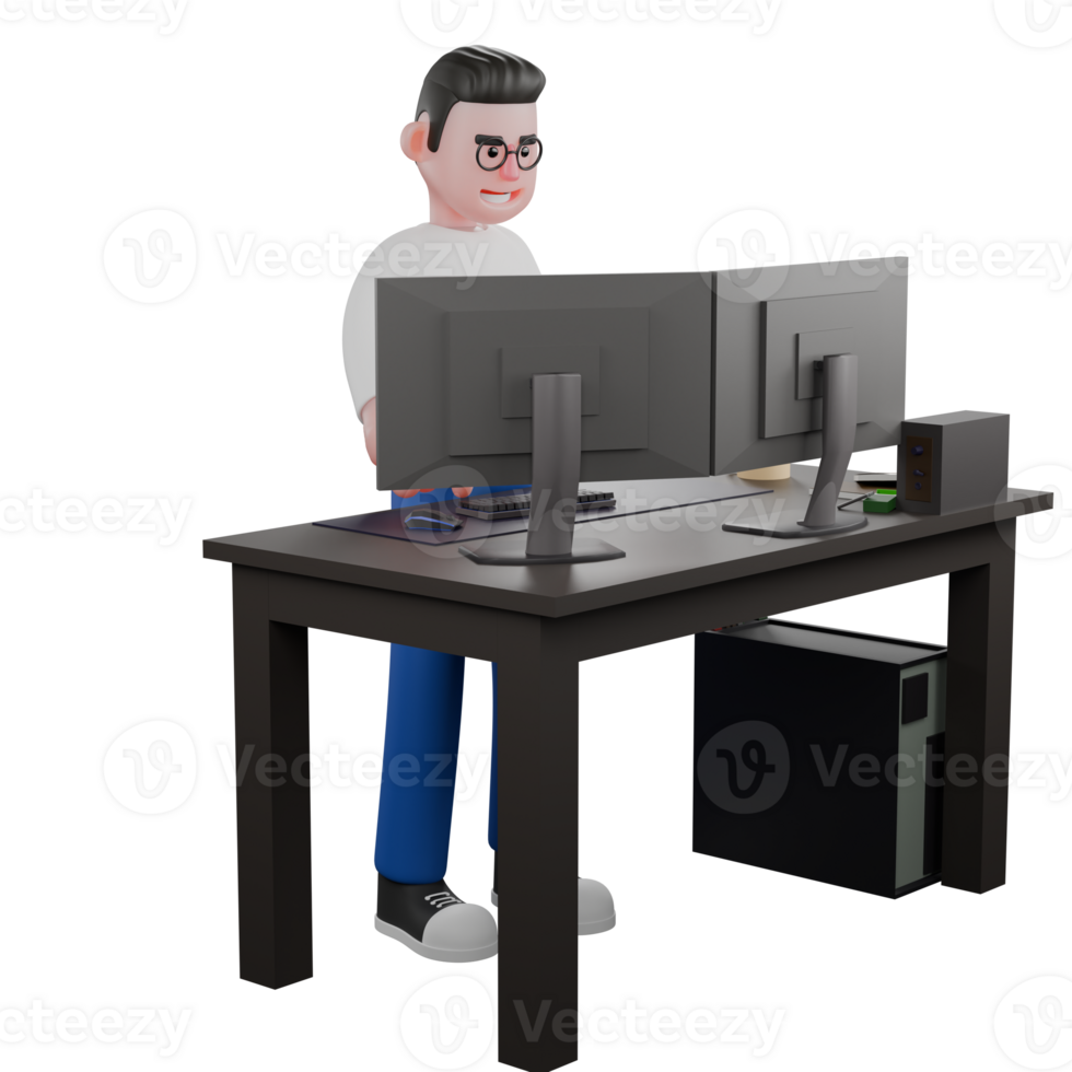 editor dentro desenho animado estilo 3d modelo ilustração. uma masculino editor carrinhos atrás uma escrivaninha com dois computadores em isto, multitarefa expressão. Projeto personagem png