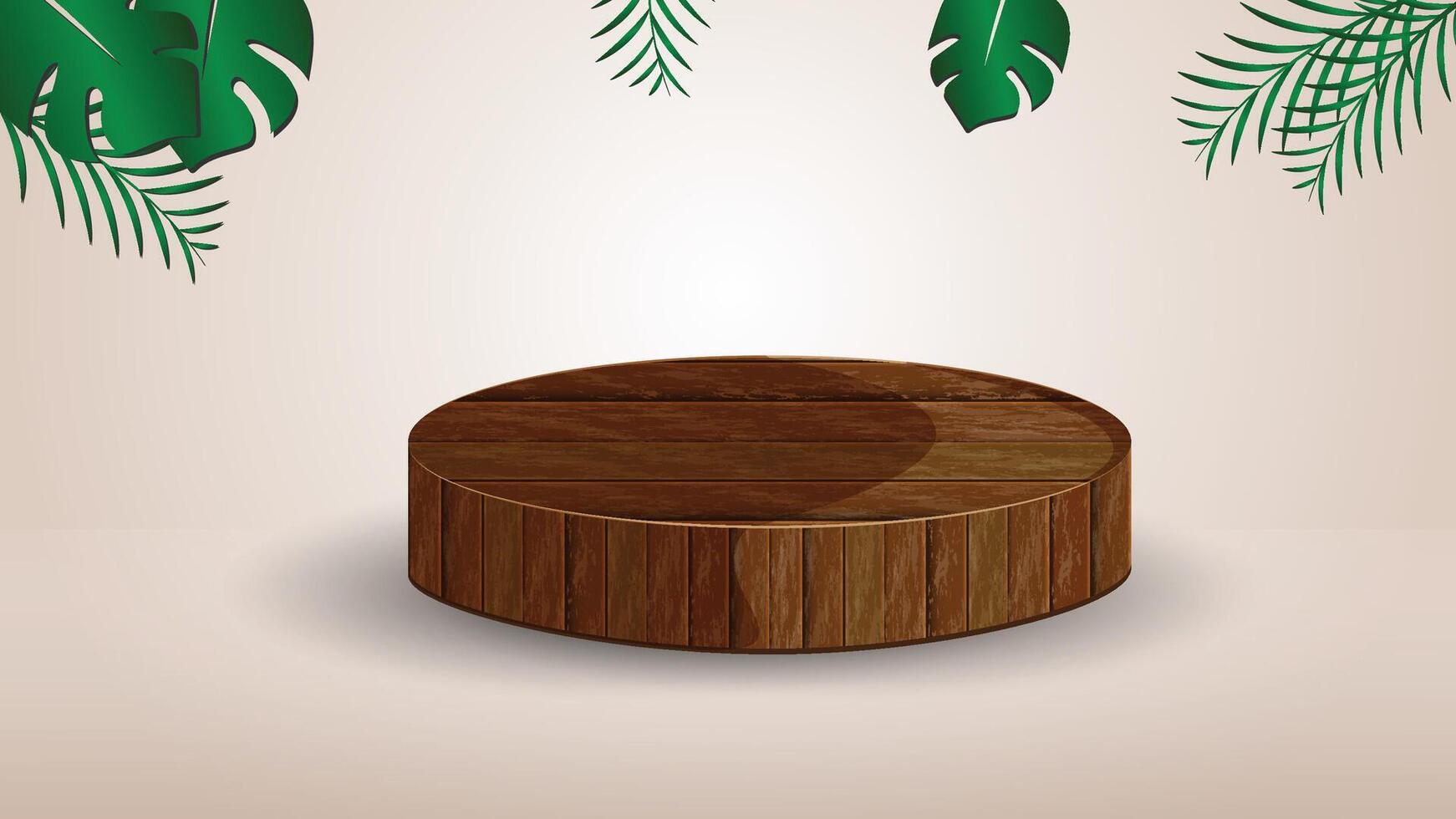 Wooden Podium shape for Display product, cosmetics with tropical leaves white background. product display presentation. studio room concept, woody floor, minimal wall scene. design. vector