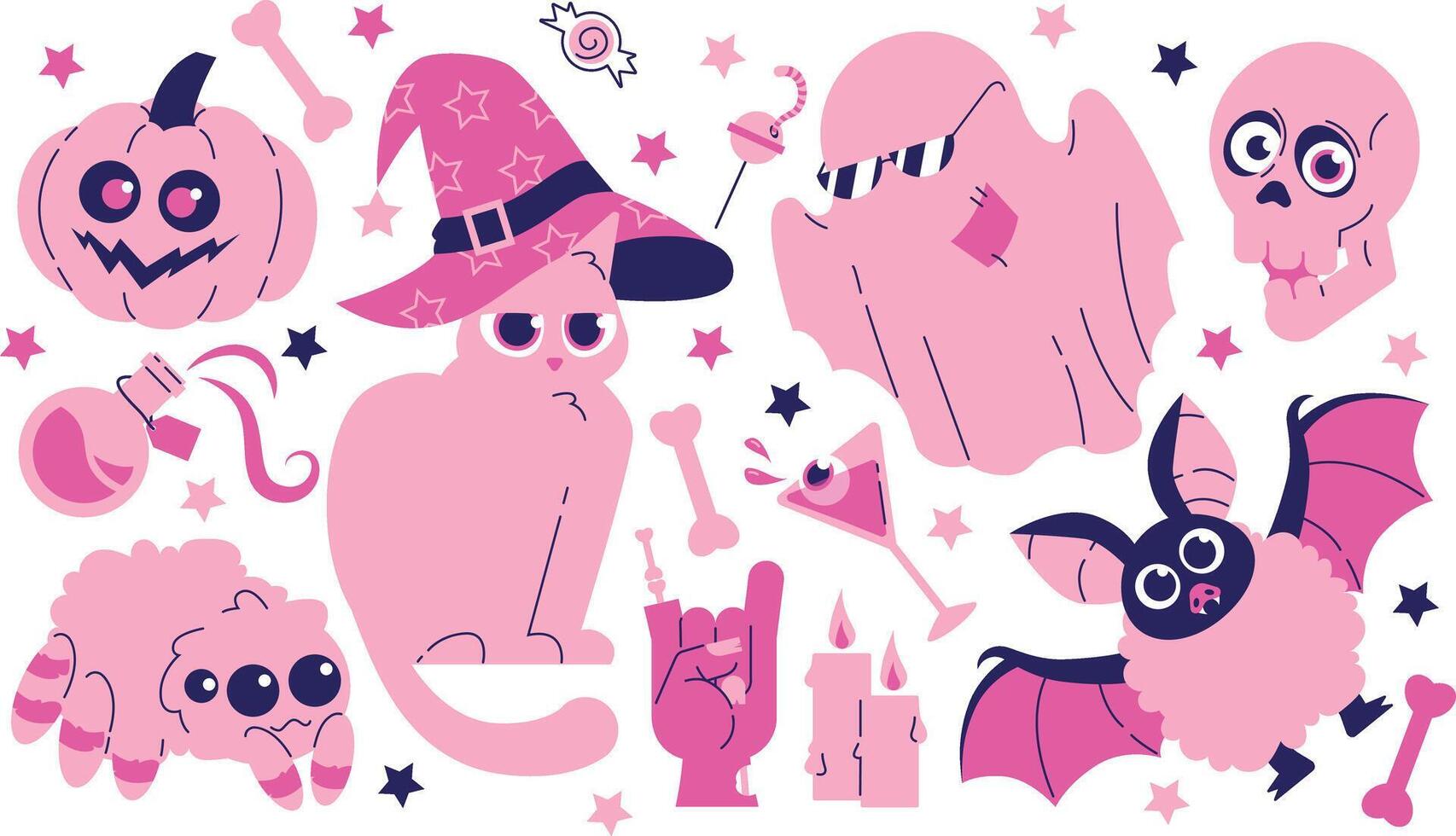 Pink Halloween set with cat, ghost, skull, spider, bat, pumpkin, stars, bones. Pink print in flat style. vector