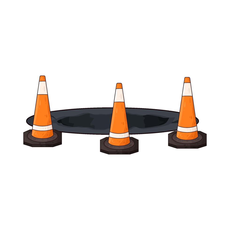 three traffic cones at the edge of the pothole illustration vector