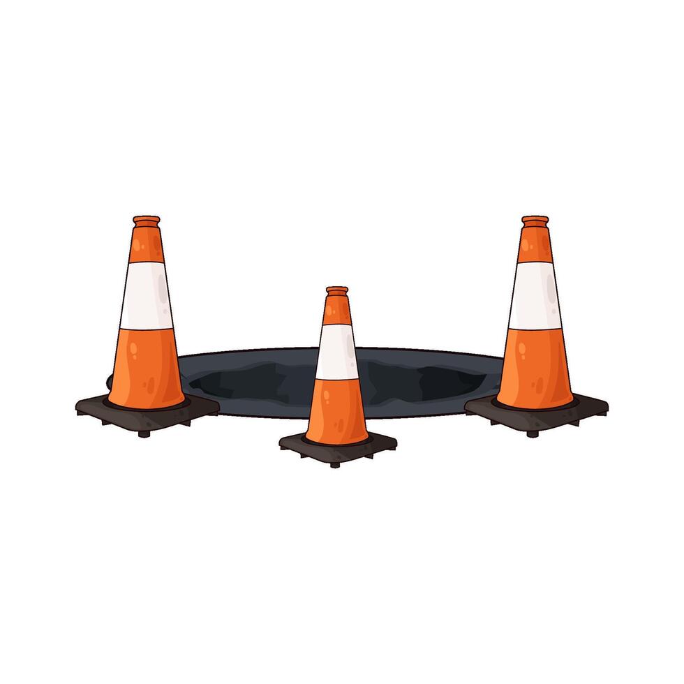 three traffic cones at the edge of the pothole vector
