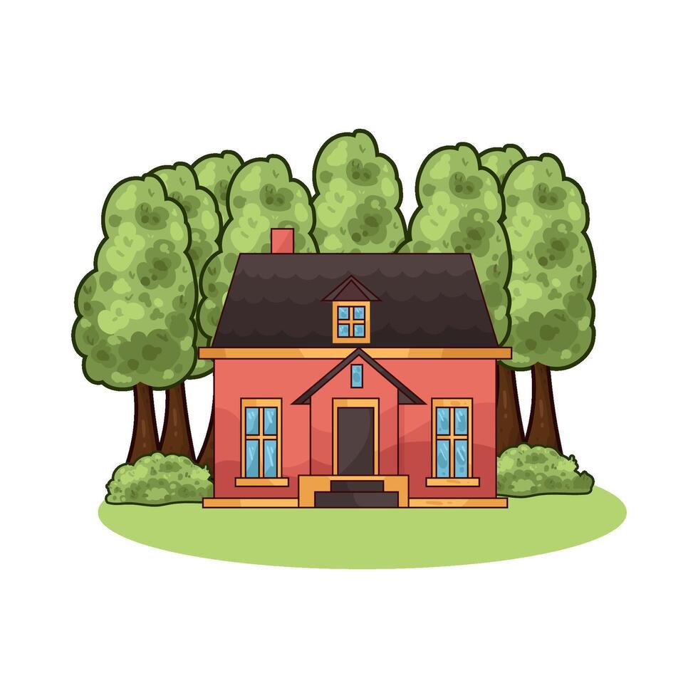 illustration of trees around the house vector