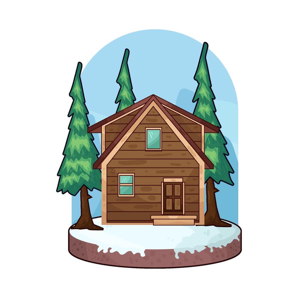 illustration of minimalist house surrounded by pine trees vector