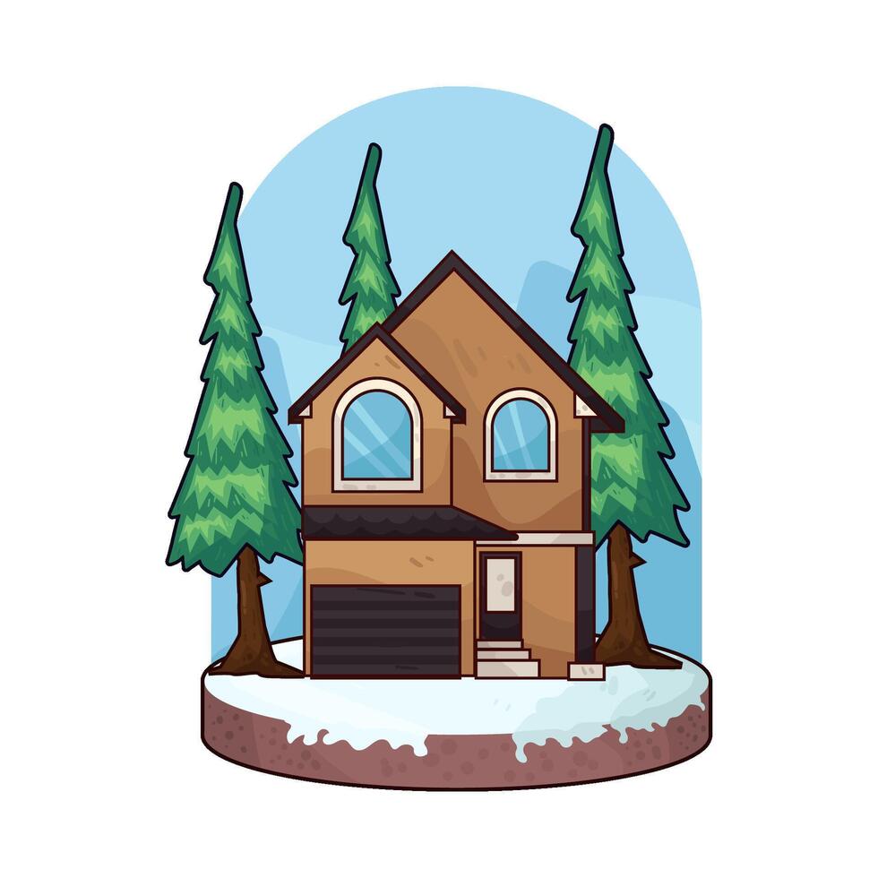 double decker house surrounded by pine trees vector