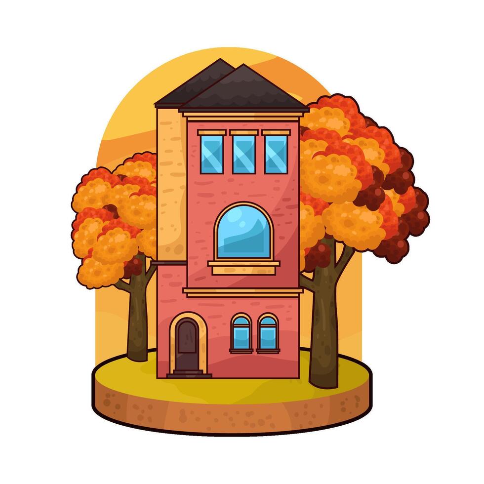 illustration of autumn tree behind the house vector