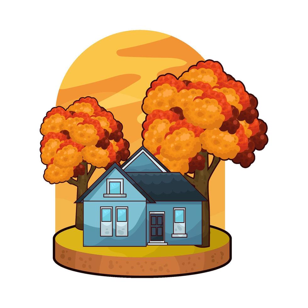autumn tree behind the house illustration vector