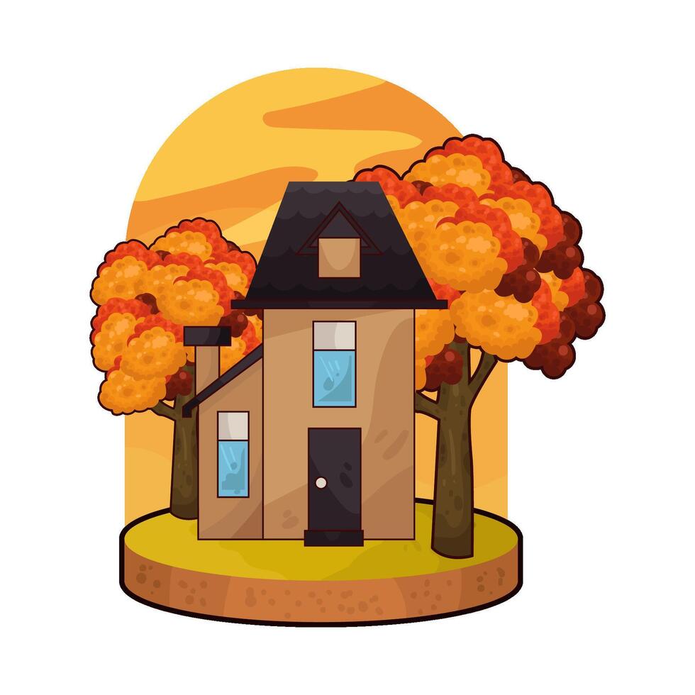 autumn tree behind the house vector