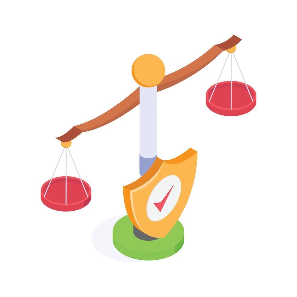 A balance scale with a shield symbolizing fairness and security vector