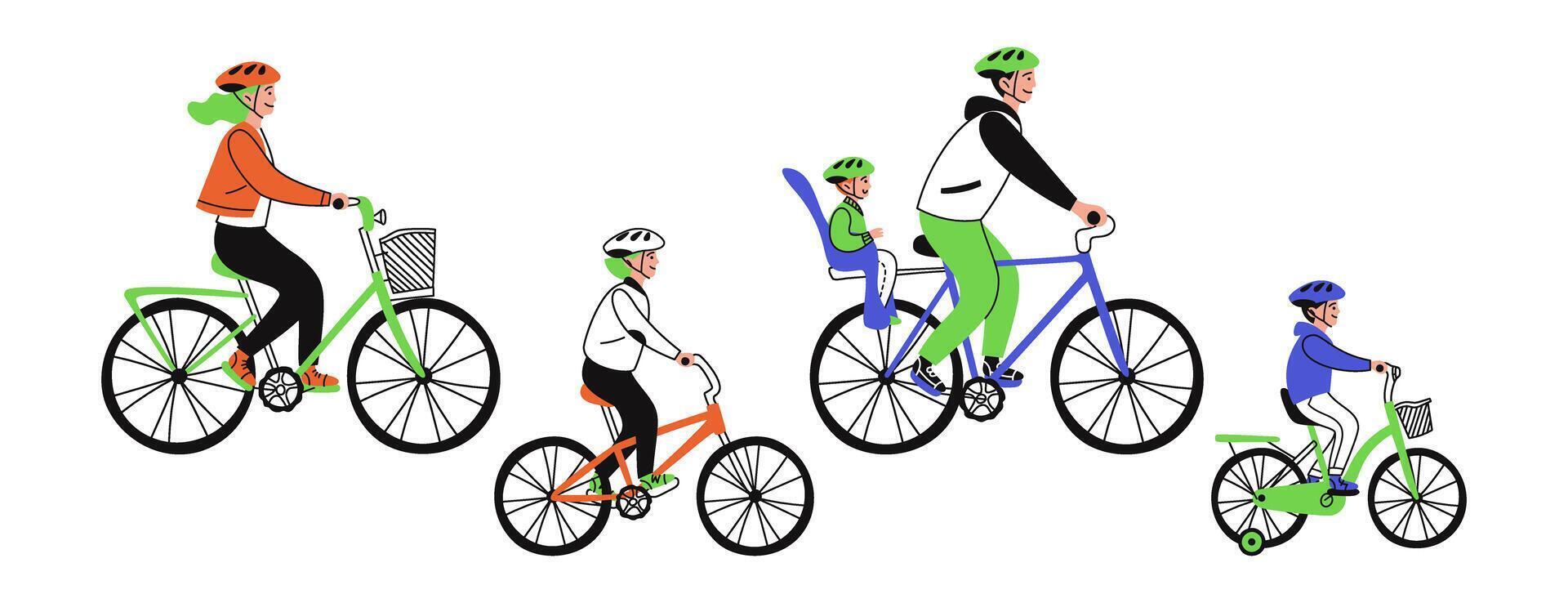 Family with three children on bicycles isolated on white background. Eco transport concept. Caring for nature. Sport. Flat line doodle illustration vector