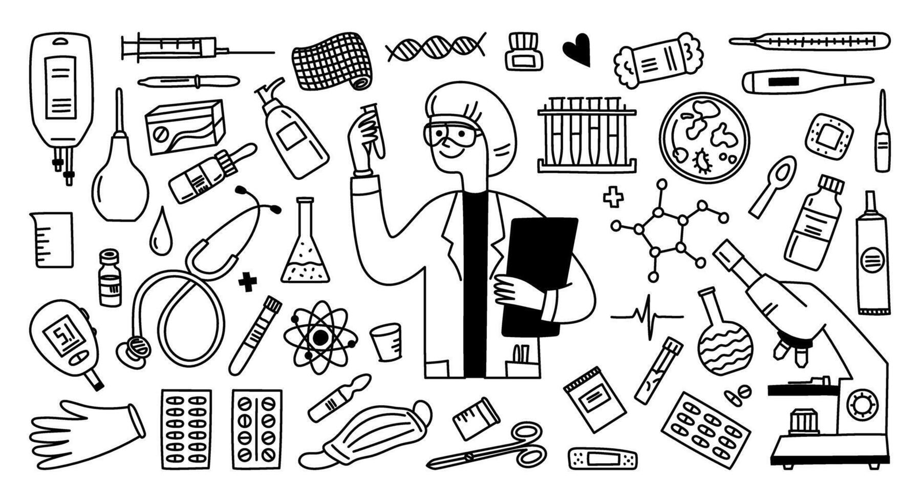 Set of hand drawn Doodle. Healthcare and medicine. Medicines and medical products and devices. Doctor, laboratory. Illustration isolated vector